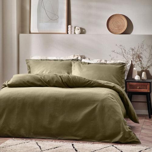 Plain Green Bedding - Waffle Textured 100% Cotton Duvet Cover Set Olive Yard