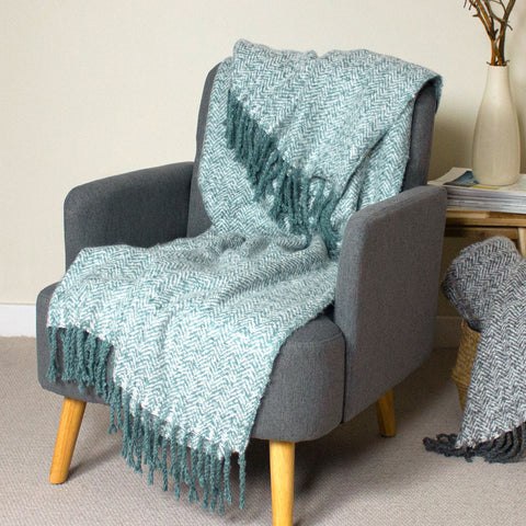 Weaver Blue Herringbone Throw Teal furn. furn