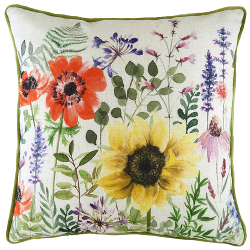 Floral Green Cushions - Wild Flowers Emma Square Cushion Cover Olive Evans Lichfield
