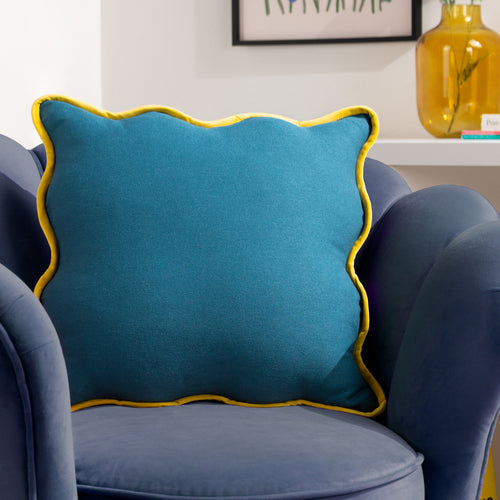 Plain Blue Cushions - Wiggle Velvet Reversible Ready Filled Cushion Blue/Yellow heya home