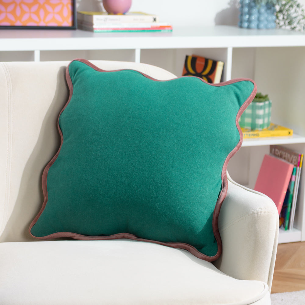 Plain Green Cushions - Wiggle Velvet Reversible Ready Filled Cushion Green/Pink heya home