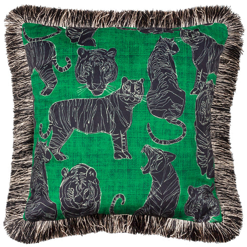 Animal Green Cushions - Wildcat Velvet Fringed Cushion Cover Jungle Green furn.
