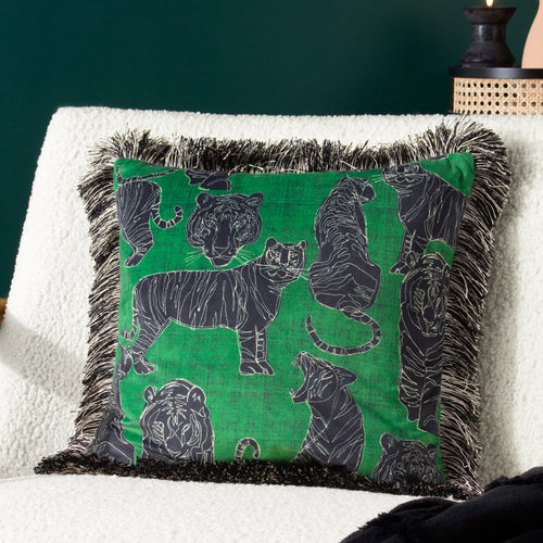 Animal Green Cushions - Wildcat Velvet Fringed Cushion Cover Jungle Green furn.