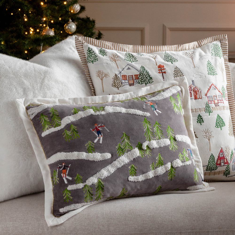 Winter Alpine Embroidered Cushion Taupe