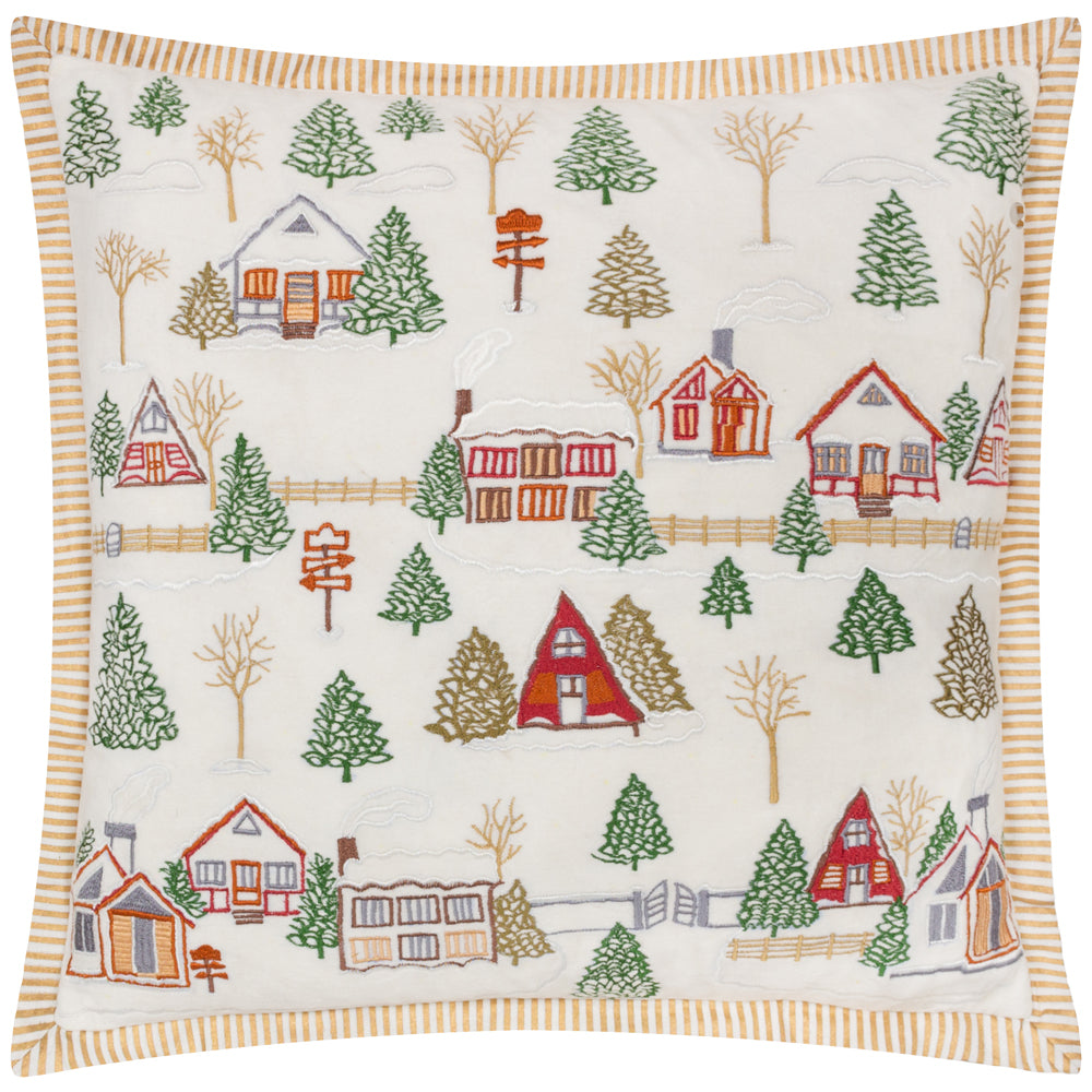Winter Ski Lodges Embroidered Cushion White
