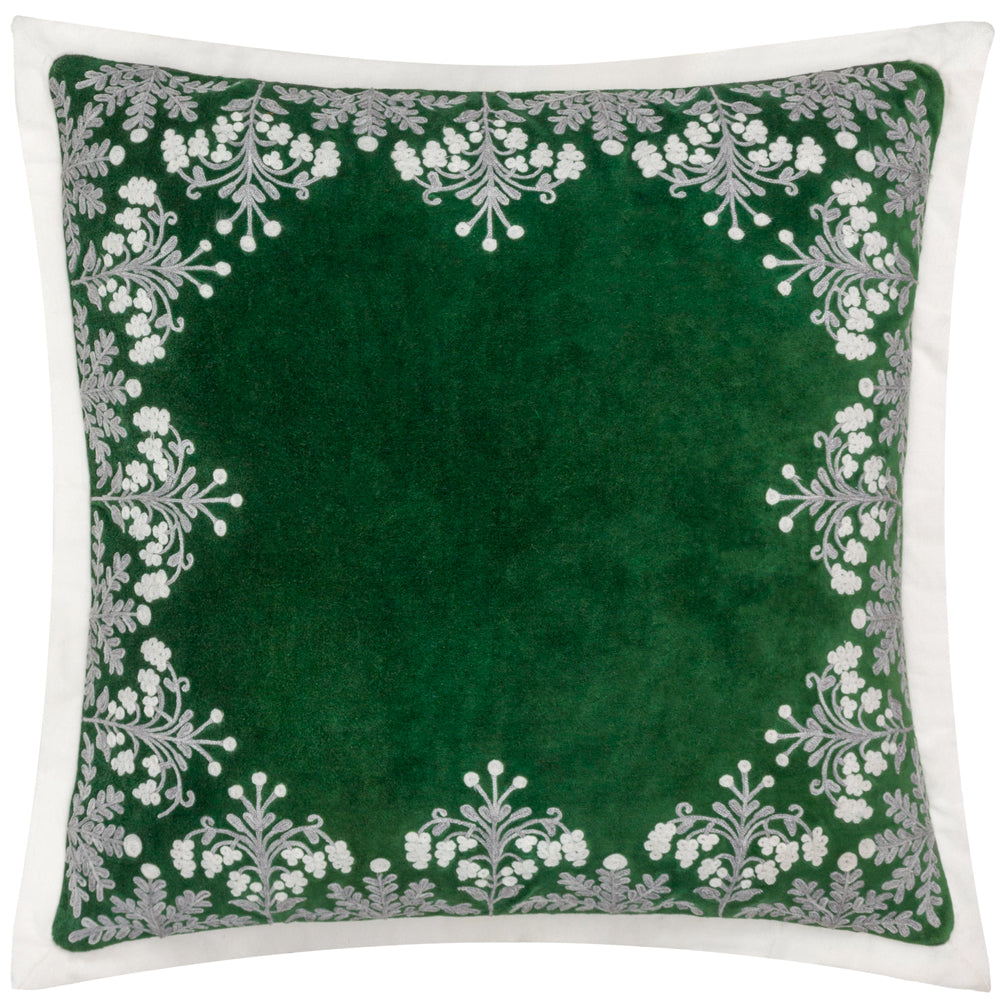 Winter Bloom Embroidered Cushion Green