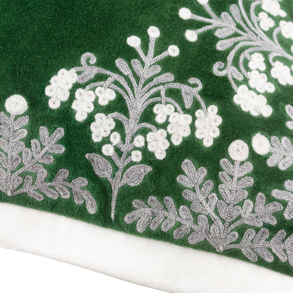 Winter Bloom Embroidered Cushion Green