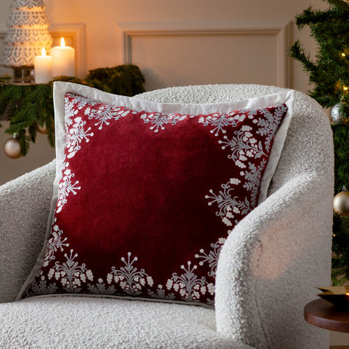 Floral Red Cushions - Winter Bloom Embroidered Cushion Cover Red Paoletti