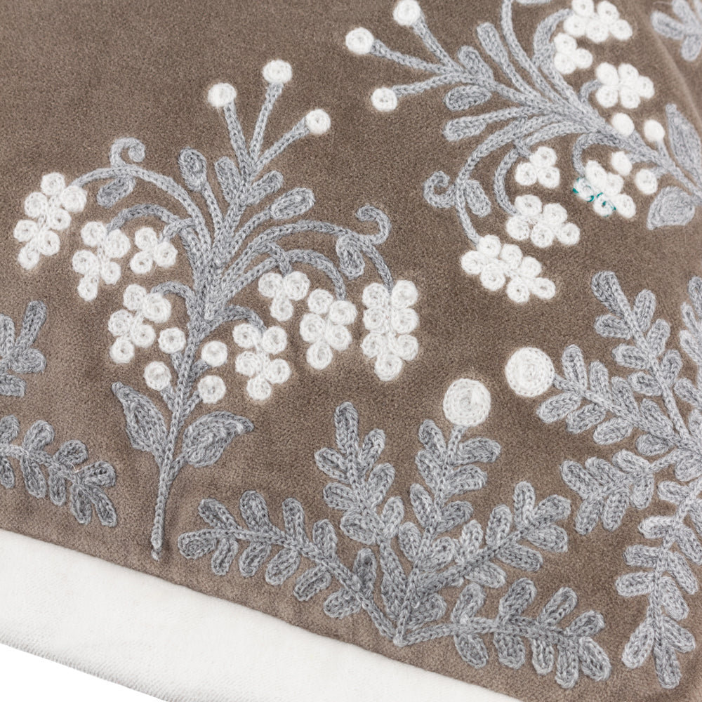 Winter Bloom Embroidered Cushion Taupe
