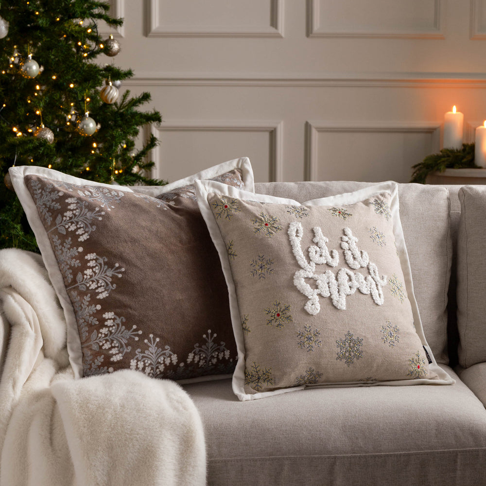 Winter Bloom Embroidered Cushion Taupe