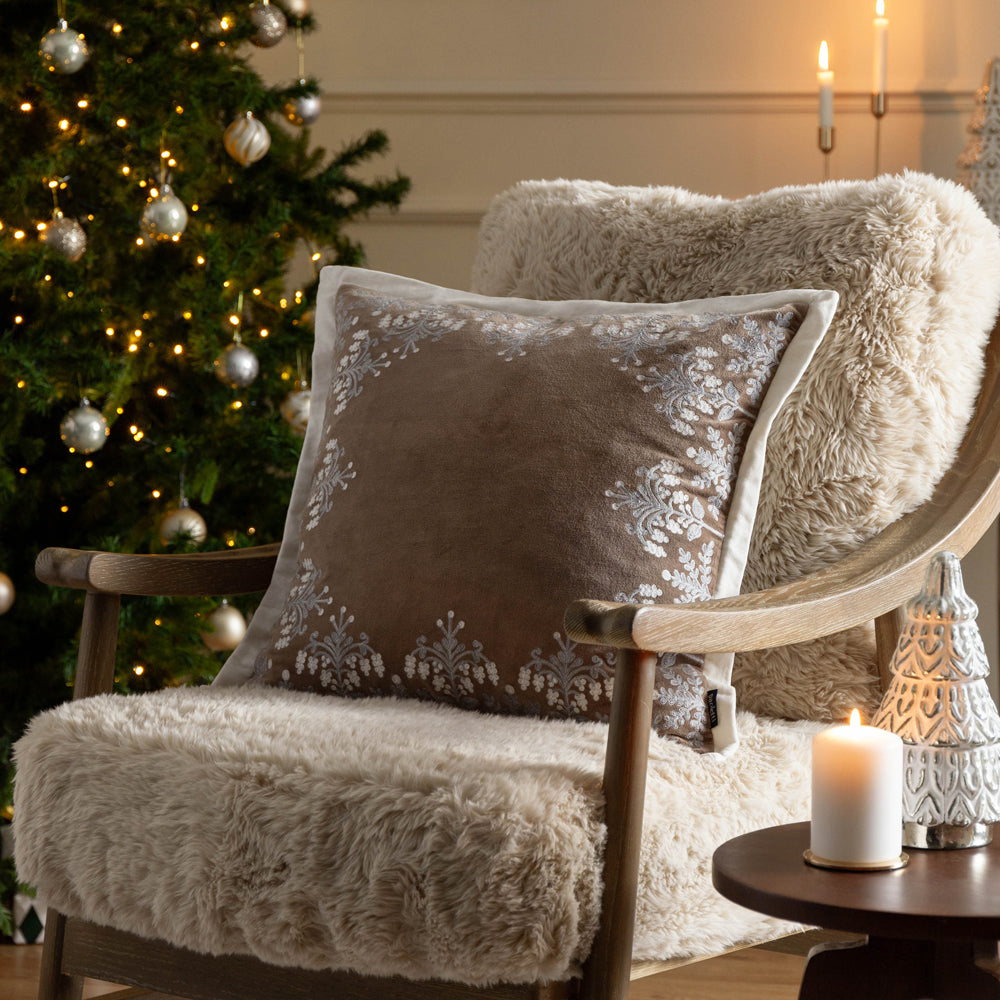 Floral Beige Cushions - Winter Bloom Embroidered Cushion Cover Taupe Paoletti