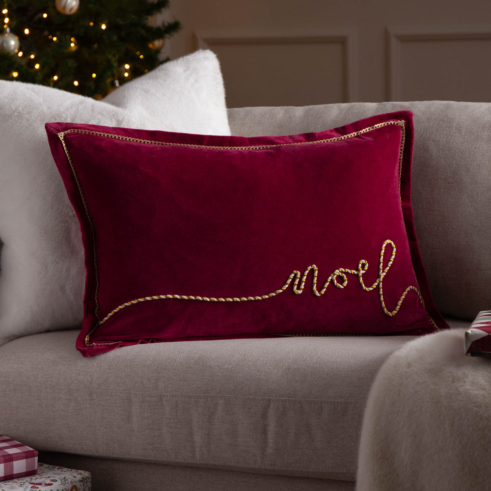 Plain Red Cushions - Winter Noel Applique Velvet Cushion Cover Red Paoletti