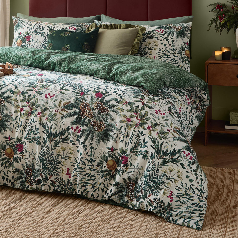 Winter Foliage Reversible Brushed Cotton Duvet Cover Set Pine Green