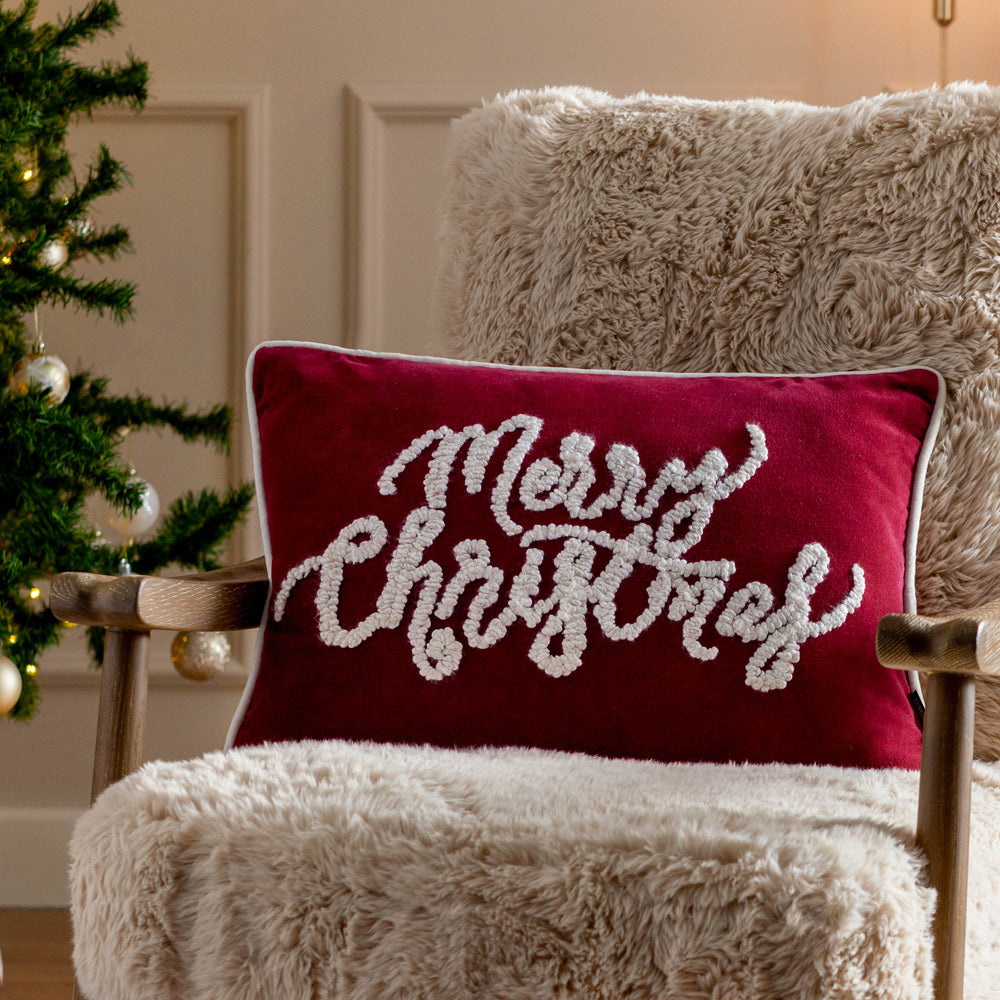  Red Cushions - Winter Merry Christmas Applique Velvet Cushion Cover Red Paoletti
