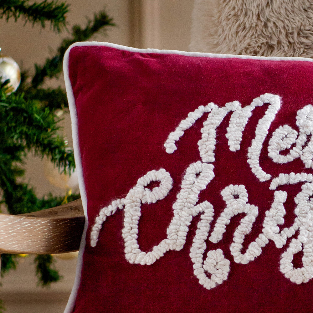 Winter Merry Christmas Applique Velvet Cushion Red