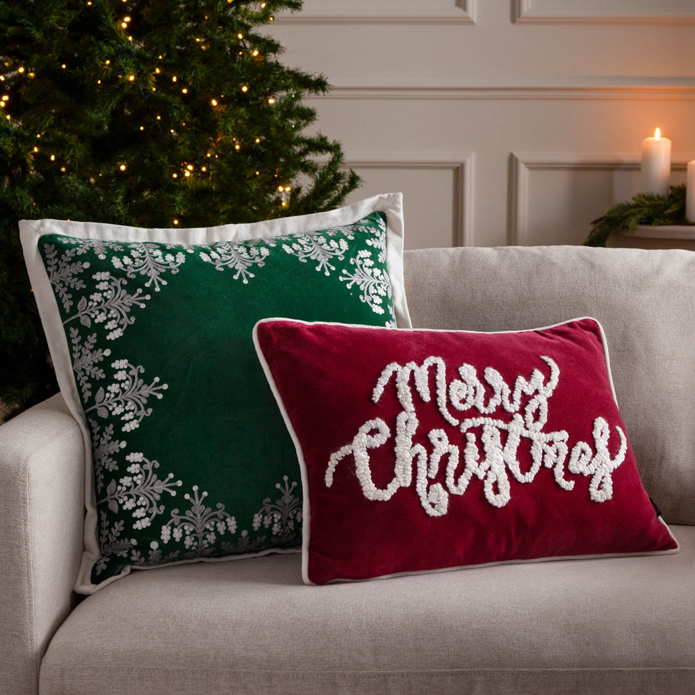 Winter Merry Christmas Applique Velvet Cushion Red
