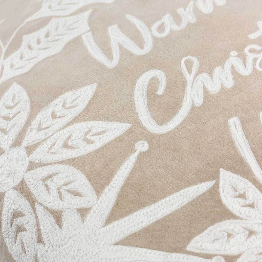 Winter Warmest Wishes Embroidered Cushion Natural
