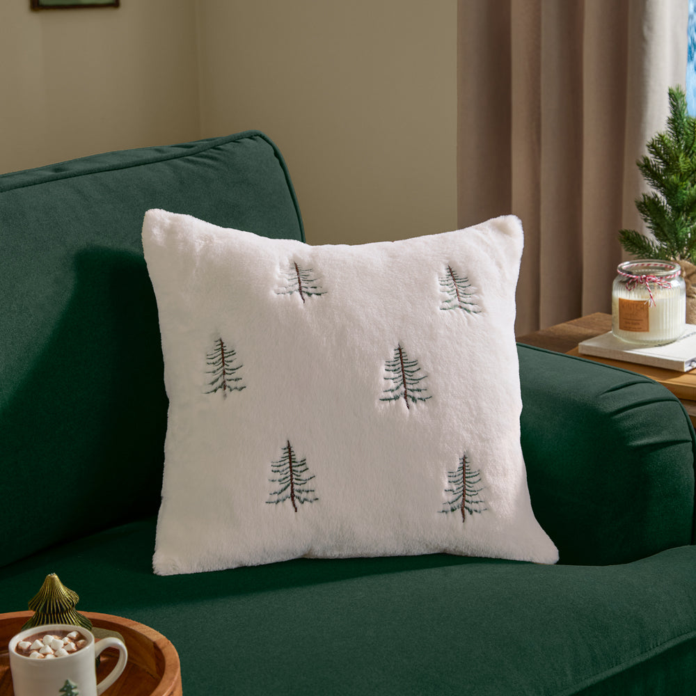Winter Pines Faux Fur Cushion Ecru