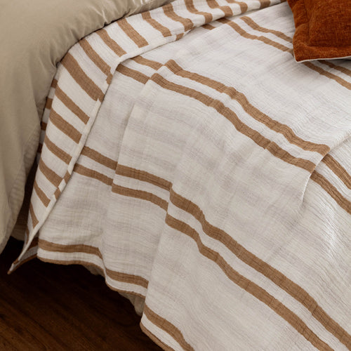 Striped Brown Bedding - Woven Stripe 100% Cotton Bedspread Cinnamon Yard