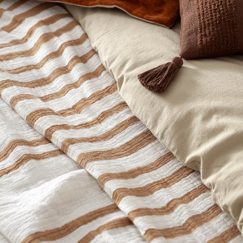 Striped Brown Bedding - Woven Stripe 100% Cotton Bedspread Cinnamon Yard