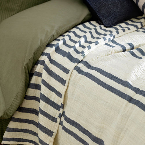 Striped Blue Bedding - Woven Stripe 100% Cotton Bedspread Dusk Blue Yard