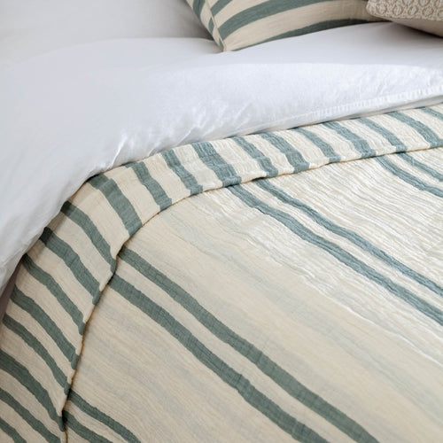 Striped Green Bedding - Woven Stripe 100% Cotton Bedspread Eucalyptus Yard