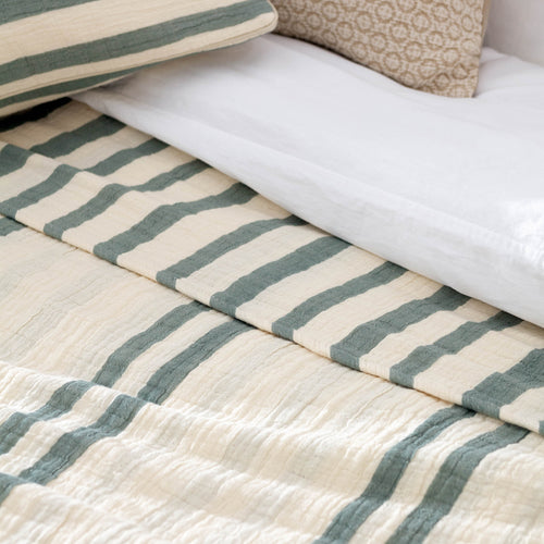 Striped Green Bedding - Woven Stripe 100% Cotton Bedspread Eucalyptus Yard