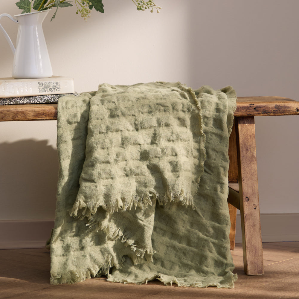 Check Green Throws - Walton Waffle Fringed Throw Sage Wylder