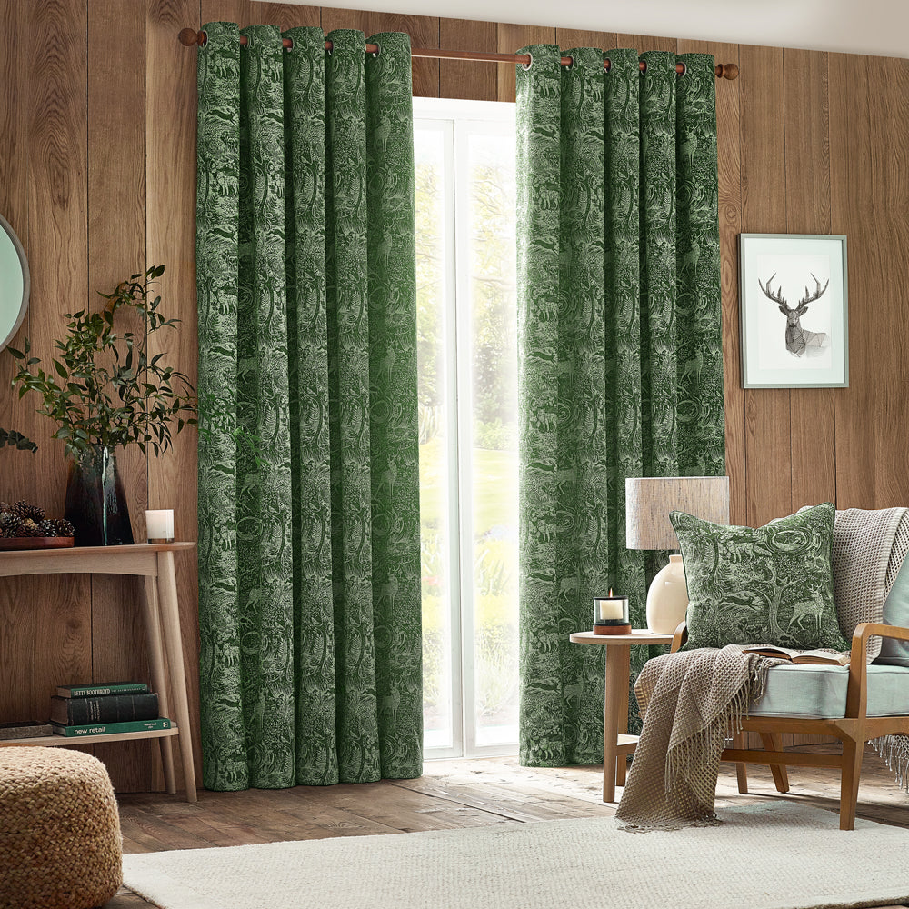 Winter Woods Fully Lined Chenille Eyelet Curtains Emerald