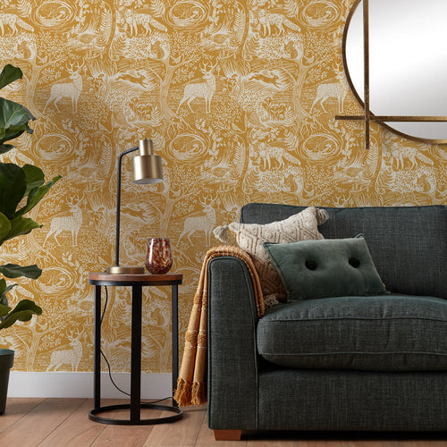 Animal Yellow Wallpaper - Winter Woods  Wallpaper Sample Ochre furn.